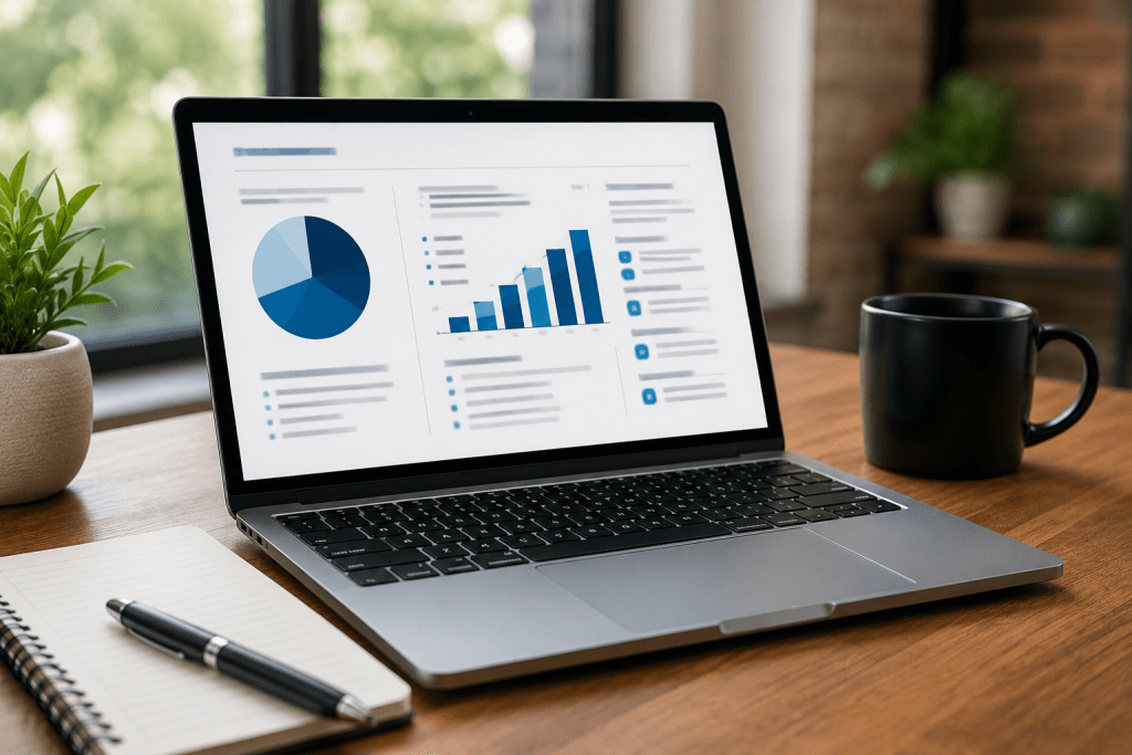 Startup founder reviewing business funding options and financial dashboard on laptop in modern office workspace