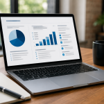 Startup founder reviewing business funding options and financial dashboard on laptop in modern office workspace