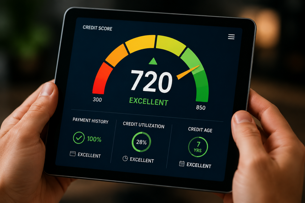 Digital credit score dashboard displaying an excellent 720 credit score on a tablet, representing credit repair, credit building, and improved financial health for business funding eligibility.