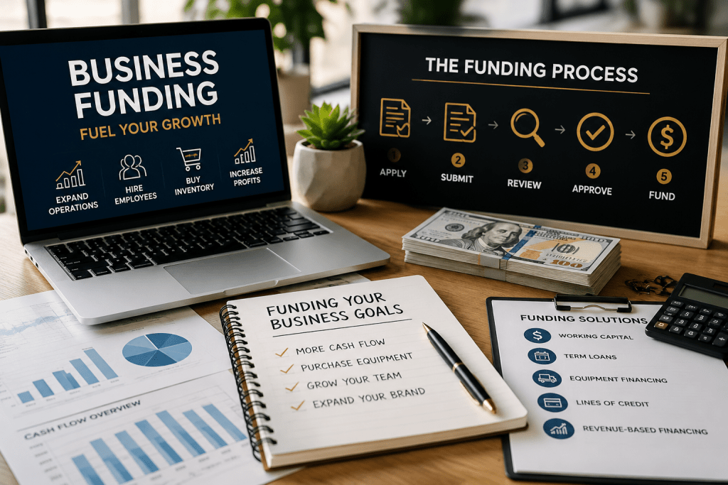 Complete guide to business funding in 2026 showing a professional workspace with funding documents, financial reports, laptop, calculator, and business financing process.