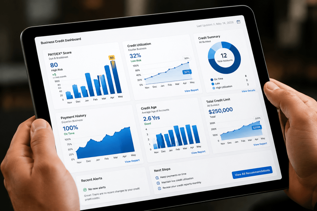 Business owner reviewing a business credit dashboard on a tablet showing credit score trends, payment history, credit utilization, and funding readiness metrics.