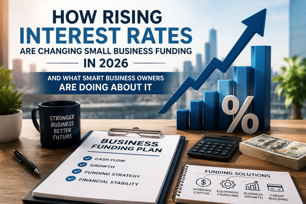 Business funding strategy documents, financial charts, rising interest rate graph, and cash flow planning illustrating how higher interest rates affect small business funding in 2026.