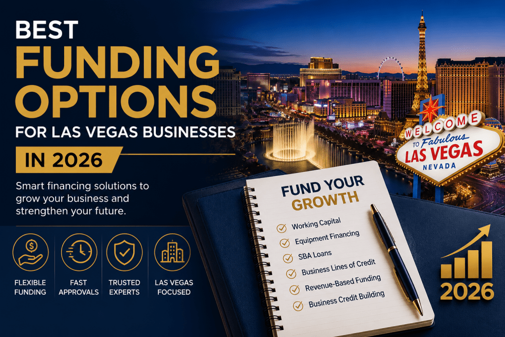 Las Vegas skyline at night representing the best business funding options for Las Vegas businesses in 2026, including working capital, SBA loans, equipment financing, business lines of credit, revenue-based funding, and business credit building.