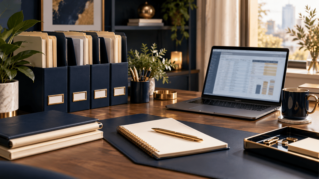 Organized business documents, notebook and laptop on a navy and gold desk